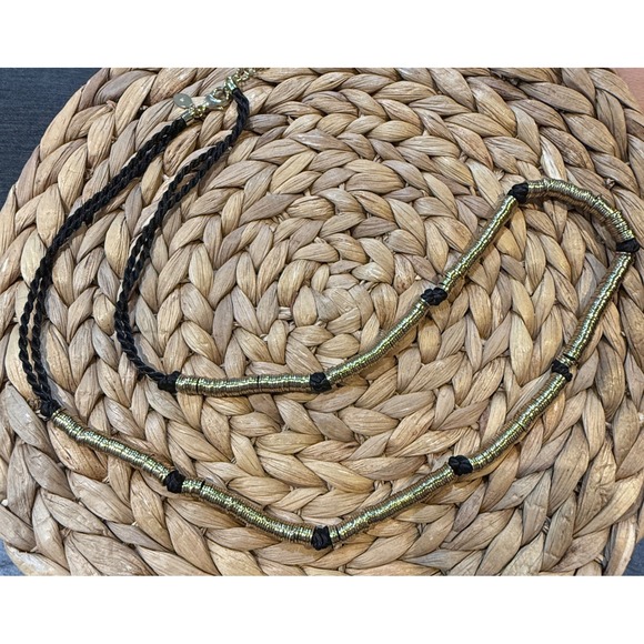 Chico's Jewelry - Chicos Gold Tone Disc Knotted Cord Statement Necklace Black Braided Adjustable